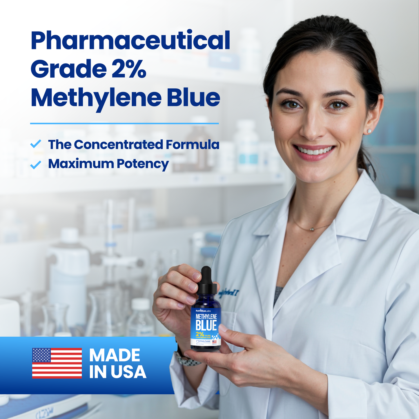 NutriBlue Labs Methylene Blue, 2% Pharmaceutical Grade, USP Methylene Blue Drops for Humans, Premium Methylene Blue Solution, Methylene Blue Supplement, 50ml (90 Servings)
