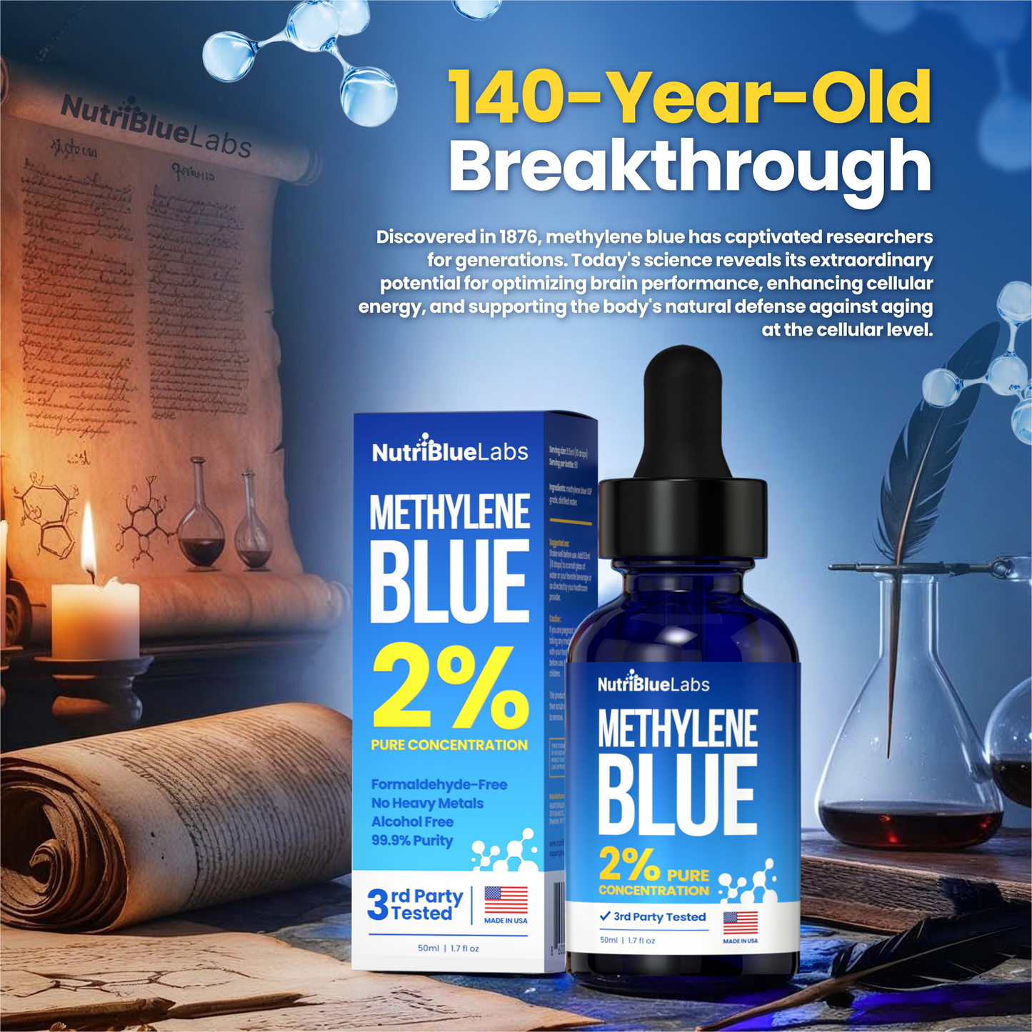 NutriBlue Labs Methylene Blue, 2% Pharmaceutical Grade, USP Methylene Blue Drops for Humans, Premium Methylene Blue Solution, Methylene Blue Supplement, 50ml (90 Servings)