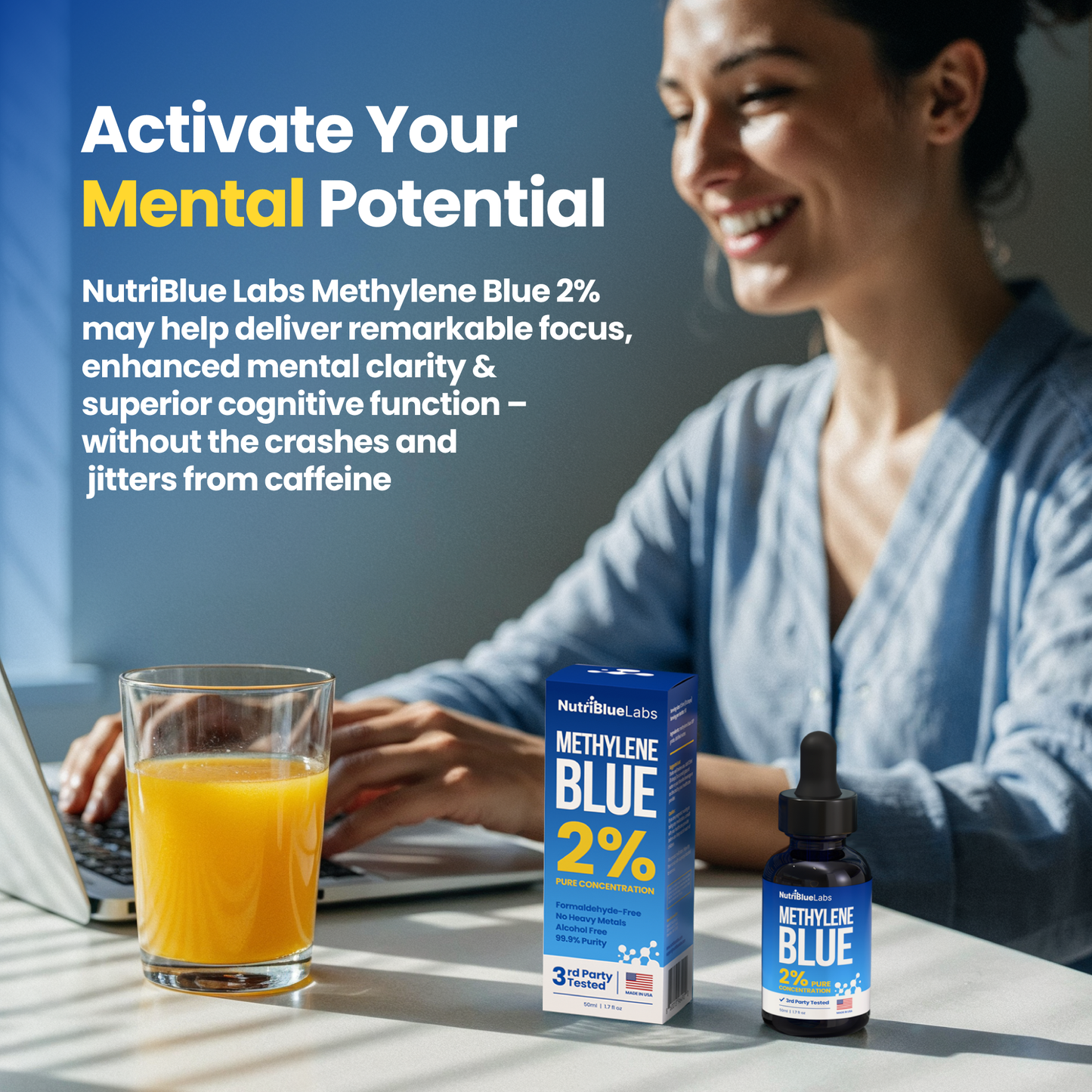 NutriBlue Labs Methylene Blue, 2% Pharmaceutical Grade, USP Methylene Blue Drops for Humans, Premium Methylene Blue Solution, Methylene Blue Supplement, 50ml (90 Servings)